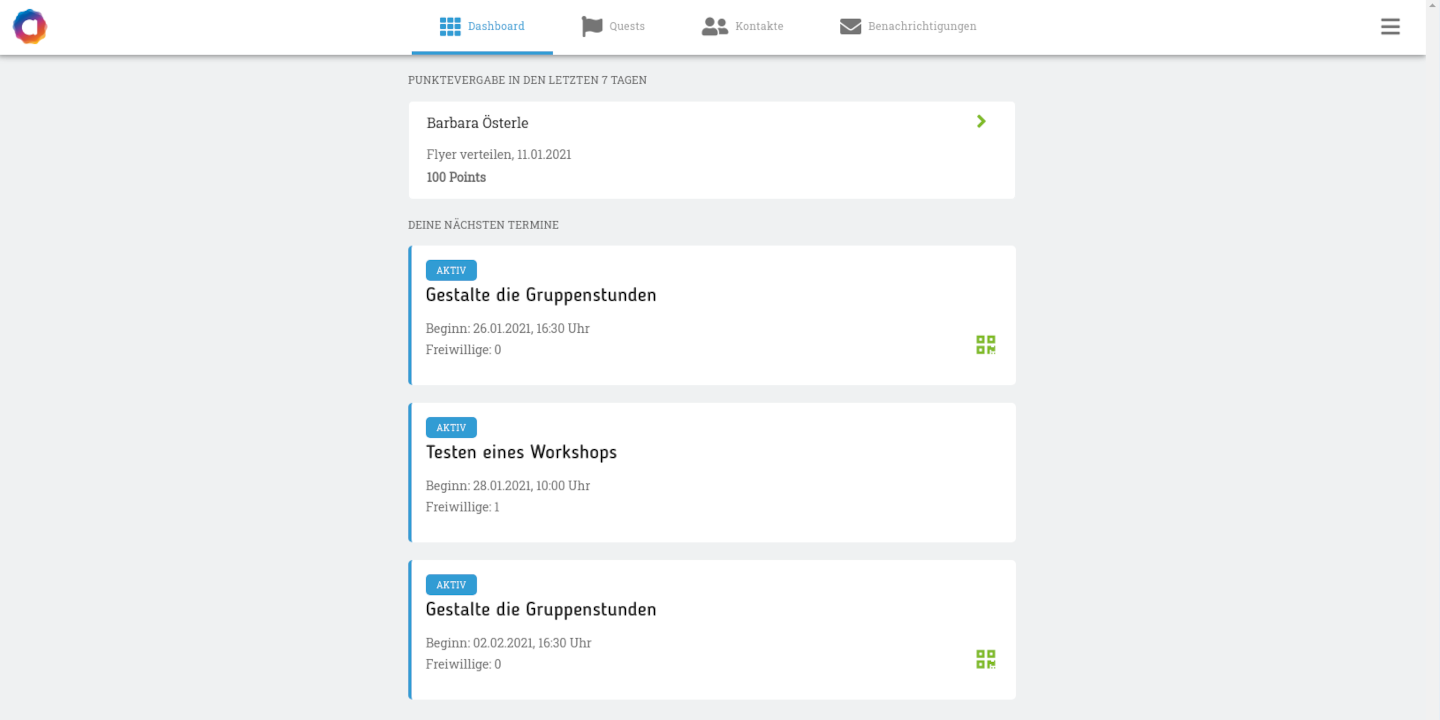 Dashboard des neuen Backends für aha plus