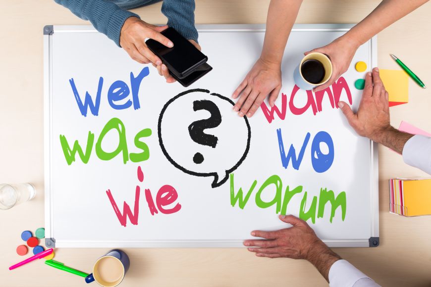 Plakat mit den 6 W-Fragen