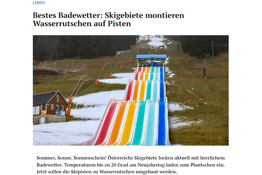 Screenshot von Satire-Artikel über Wasserrutschen auf Skipisten