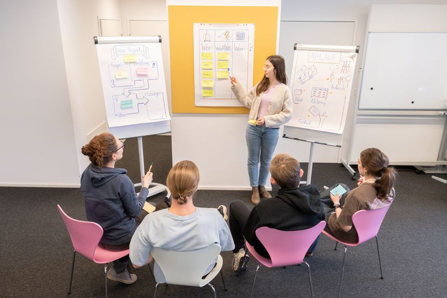 Eine Jugendliche präsentiert auf einem Flipchart ihre Ideen.